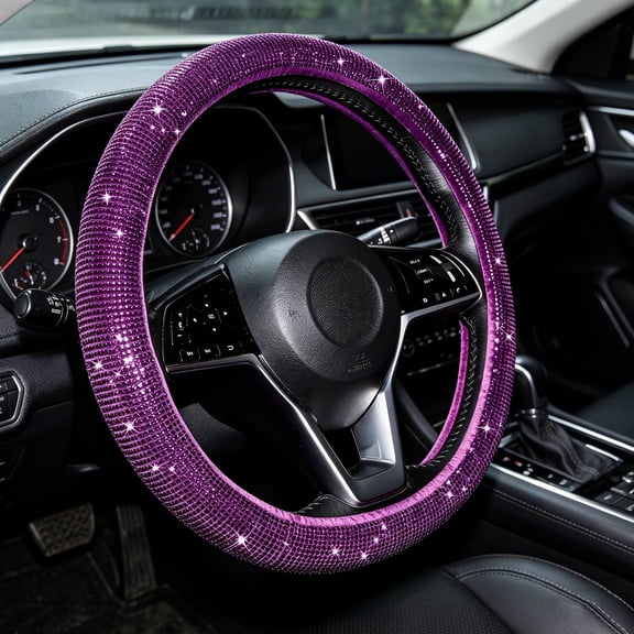 Bling Crystal Diamond Steering Wheel Cover 15in Soft Velvet Rhinestone Anti-Slip Protector for Car SUV, Women