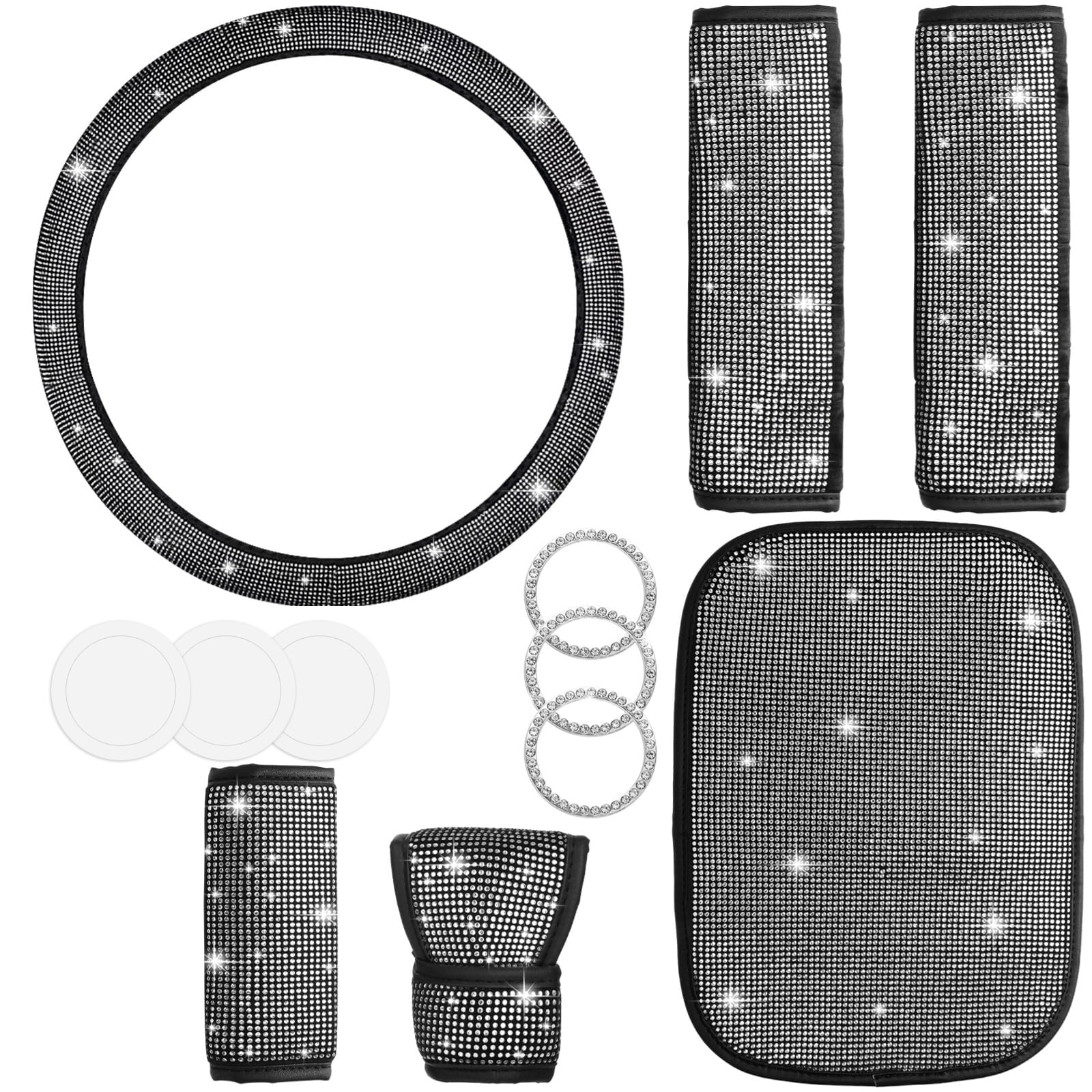 Bling Crystal Diamond Steering Wheel Cover, 9Pcs Shiny Rhinestone Sparkling Car Interior Decorations, Car Accessories for Women Girls, Universal Fit 14-15inch