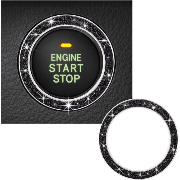 Bling Crystal Double Rhinestone Car Engine Start Decoration Ring, Sparkling Push Start Button Sticker, Key Ignition & Knob Ring Decoration, Bling Car Interior Accessory (Black)