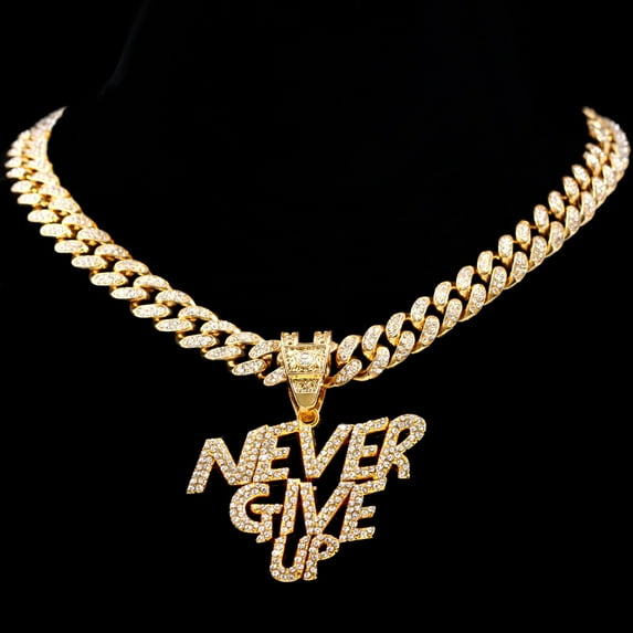 Bling Crystal NEVER GIVE UP Letter Pendant Necklace - New 13mm Iced Out Cuban Link Chain Necklaces for Men and Women Hip Hop Jewelry Gift