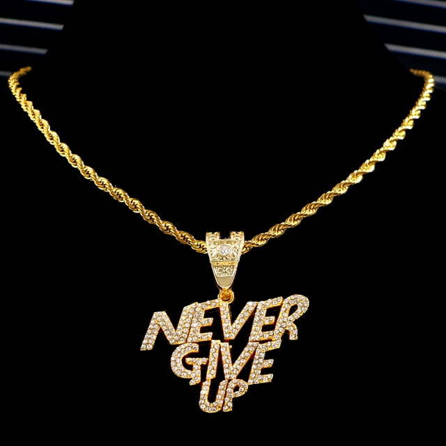 Bling Crystal NEVER GIVE UP Letter Pendant Necklace - New 13mm Iced Out Cuban Link Chain Necklaces for Men and Women  Hip Hop Jewelry Gift