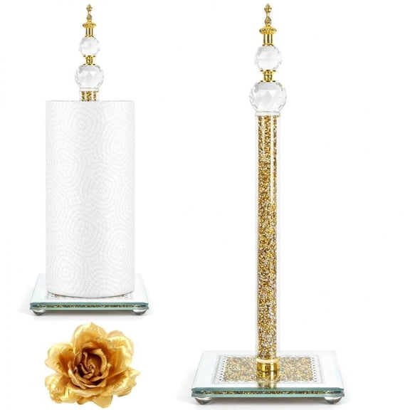Bling Crystal Paper Towel Holder, Gold Standing Roll Dispenser With Weighted Base For Kitchen Countertop Or Bathroom, Square Design