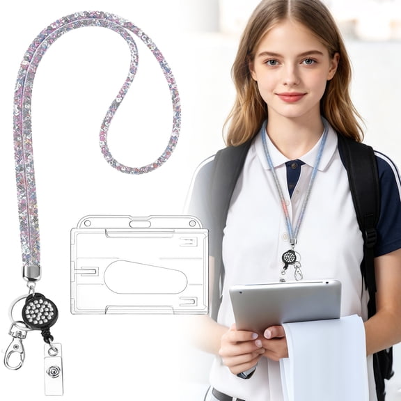 Bling Crystal Rhinestone Lanyard for Women - Cute ID Badge Holder with Keychain - Sparkling Neck Strap for Keys, Wallet & Card (White-Colored, Plastic)