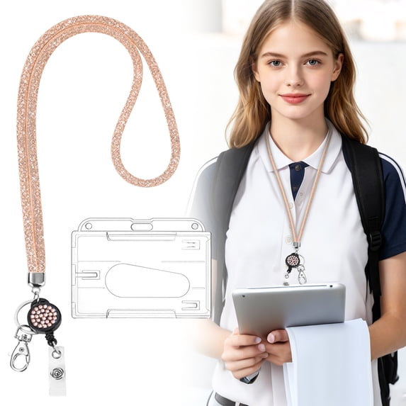 Bling Crystal Rhinestone Lanyard for Women - Cute ID Badge Holder with Keychain - Sparkling Neck Strap for Keys, Wallet & Card (Champagne, Plastic)