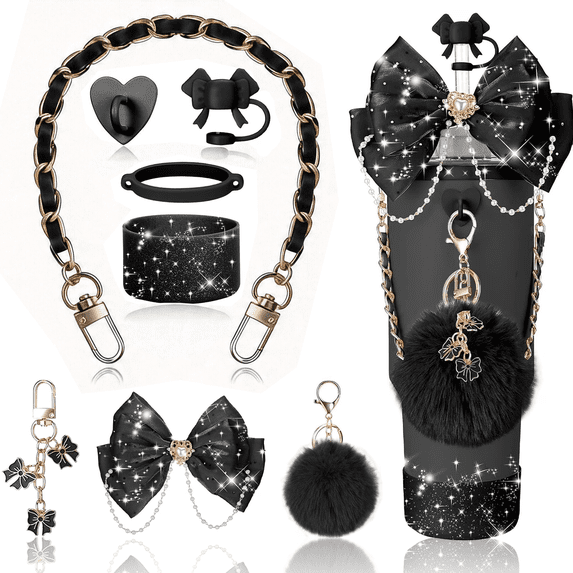 Bling Tumbler Accessories Kit for Stanley 20/30/40 oz Tumblers, Sparkly Balck Bow Decor Set with Straw Topper, Handle Strap, Cup Boot & Chain Charms
