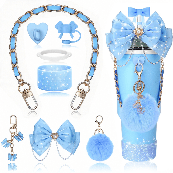 Bling Tumbler Accessories Kit for Stanley 20/30/40 oz Tumblers, Sparkly Blue Bow Decor Set with Straw Topper, Handle Strap, Cup Boot & Chain Charms