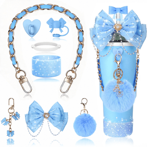 Bling Tumbler Accessories Kit for Stanley 20/30/40 oz Tumblers, Sparkly Blue Bow Decor Set with Straw Topper, Handle Strap, Cup Boot & Chain Charms