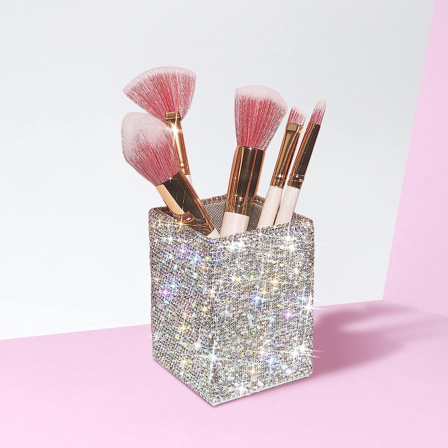Sohindel Glitter Makeup Brush Holder, Bling Waterproof Pencil Organizer Cup Desk Accessories Luxury Office Supplies - Pink, Size: Small