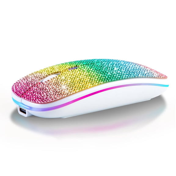 Bling Dazzling Bluetooth Wireless Mouse, 2.4GHz Rechargeable Slim Mouse with USB Receiver, Compatible with Notebook, PC, Laptop, MacBook, Great Gift Idea for Her (Rainbow)