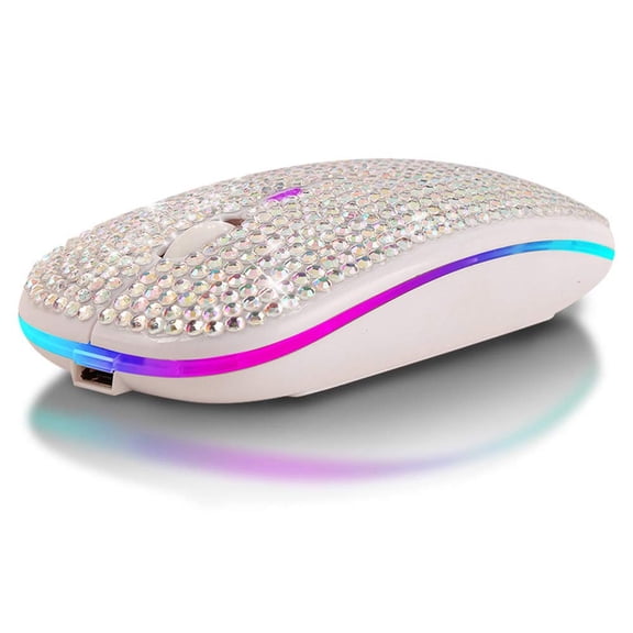 Bling Dazzling Bluetooth Wireless Mouse, 2.4GHz Rechargeable Slim Mouse with USB Receiver, Compatible with Notebook, PC, Laptop, MacBook, Great Gift Idea for Her (White)
