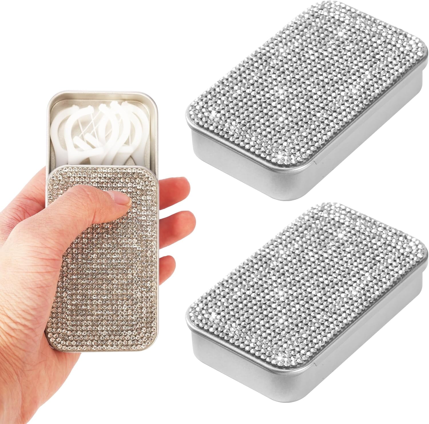 Bling Dental Floss Holder, Portable & Refillable Floss Pick Holders, Metal Tin Box Case