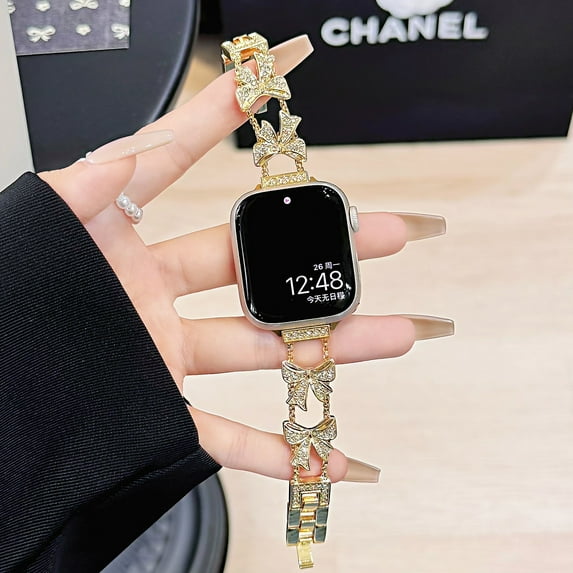 Bling Diamond Bow Design Band Compatible with Apple Watch 38/40/41/42mm(S10) (Series 10 9 8 7 6 5 4 3 2 1 SE Ultra), Sparkle Jewelry Metal Bracelet Adjustable Wristband, Gold