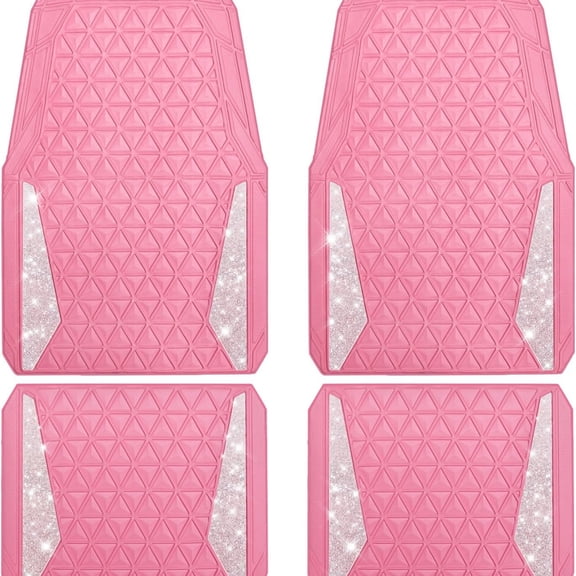 Bling Diamond Car Mats Rubber Floor Mats Full Set Anti-Slip 3D Rhombus Waterproof Trim to Fit Liner Universal Glitter Crystal Sparkly Shining Rhinestone Girl Women SUV Sedan Van, Pink Rubber