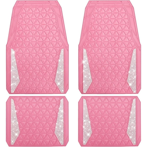 Bling Diamond Car Mats Rubber Floor Mats Full Set Anti-Slip 3D Rhombus Waterproof Trim to Fit Liner Universal Glitter Crystal Sparkly Shining Rhinestone Girl Women SUV Sedan Van, Pink Rubber