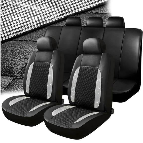 Bling Diamond Car Seat Covers Full Set, Shining Rhinestone Faux Leather Automotive Seat Cushion Universal fits Most Cars