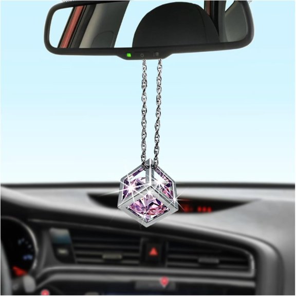 Bling Diamond Cube Car Rear View Mirror Charms, Crystal Sun Catcher Hanging Ornament for Automotive, Home Decor, Universal Vehicle Pendant Accessories for Women Girls (Pink)
