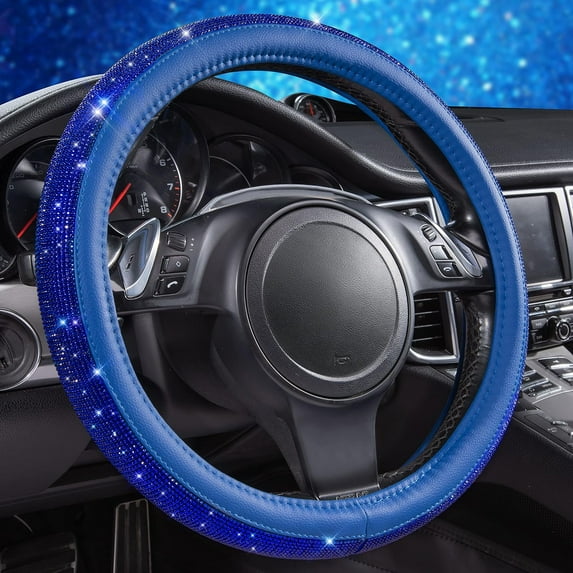 Bling Diamond Leather Steering Wheel Cover, with Sparkly Crystal Glitter Rhinestones Universal Fit 14"1/2-15" Car Wheel Protector for Women Fit Suvs, Vans, Sedans, Car, Trucks