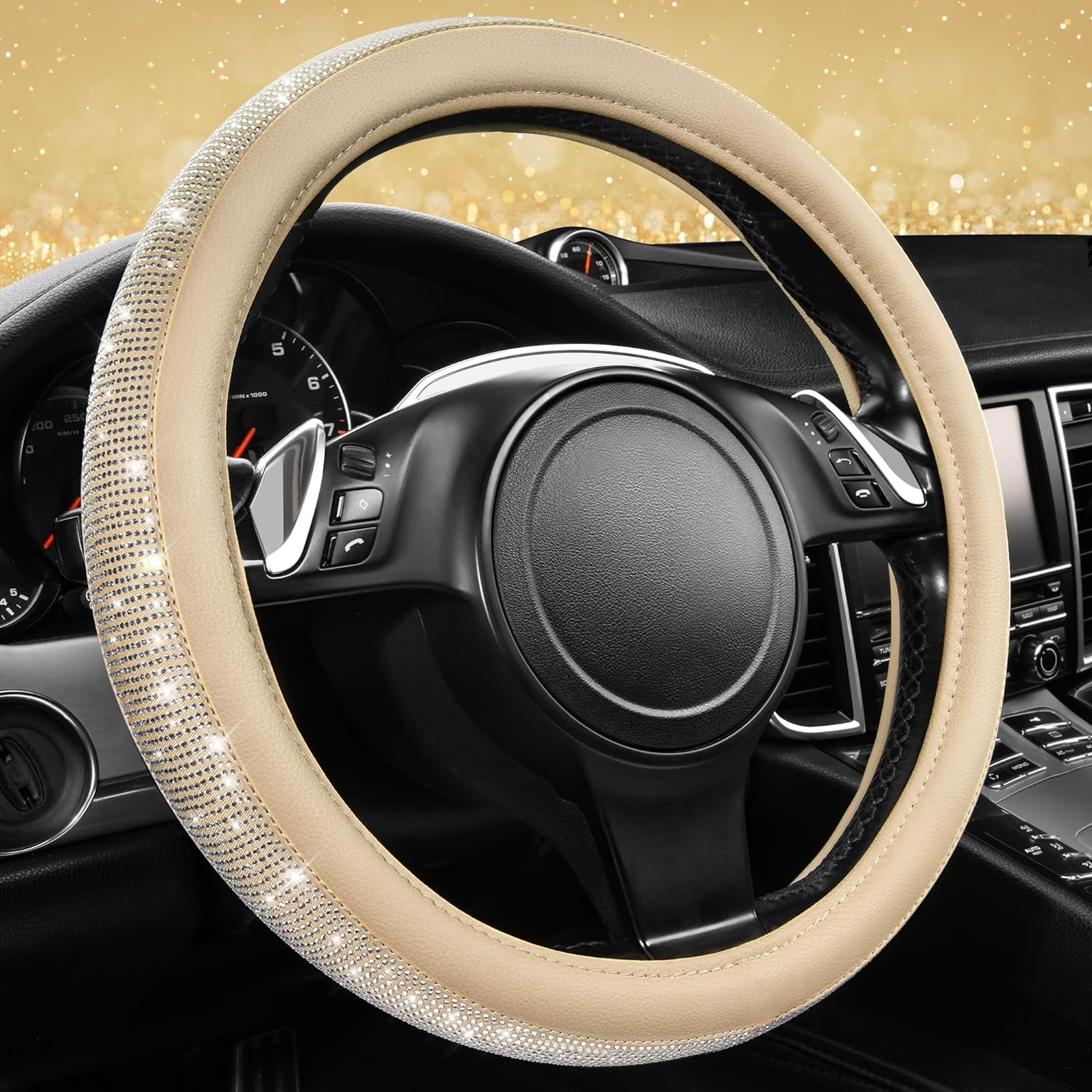 Bling Diamond Leather Steering Wheel Cover, with Sparkly Crystal Glitter Rhinestones Universal Fit 14"1/2-15" Car Wheel Protector for Women Fit Suvs, Vans, Sedans, Car, Trucks