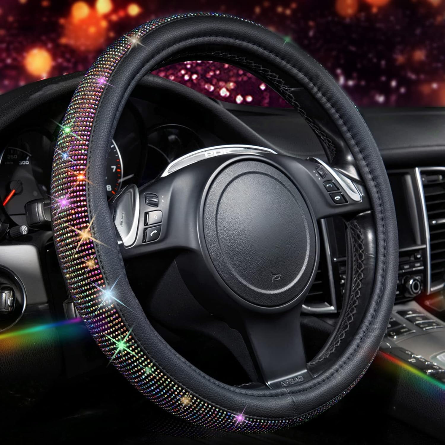 Bling Diamond Leather Steering Wheel Cover, with Sparkly Crystal Glitter Rhinestones Universal Fit 14"1/2-15" Car Wheel Protector for Women Fit Suvs, Vans, Sedans, Car, Trucks