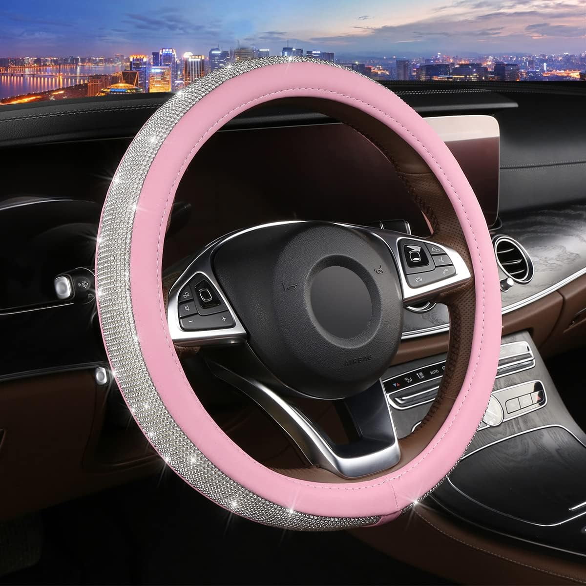 Bling Diamond Leather Steering Wheel Cover for Women Girls with Crystal