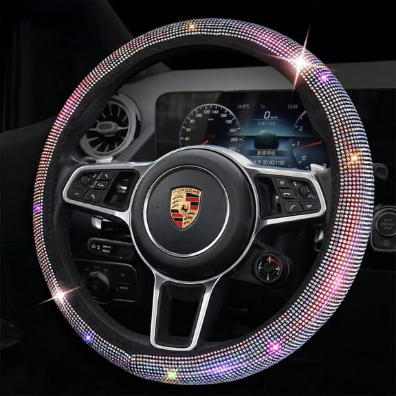 Bling Diamond Steering Wheel Cover 14.515in Soft Velvet Anti-Slip Protector for Women Car SUV
