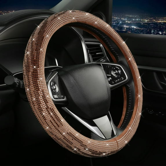 Bling Diamond Steering Wheel Cover, Holographic Leather with Cute Sparkly Crystal Glitter Rhinestones Universal 15 Inch for SUV Truck, Gifts for Women, Brown