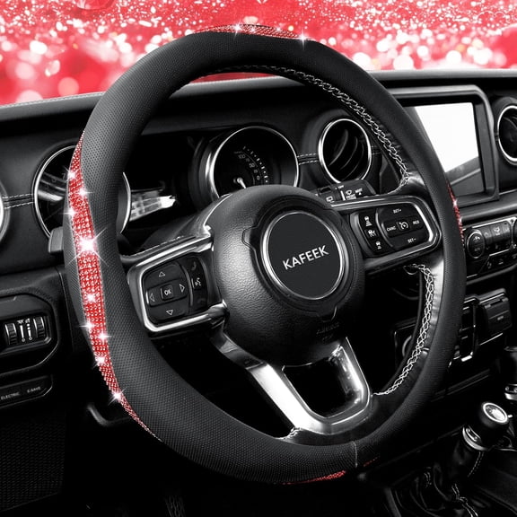 Bling Diamond Steering Wheel Cover Microfiber Leather Universal 15 inch Steering Wheel Protector Crystal Rhinestones Car Accessories, Breathable, Anti-Slip, Red Diamond