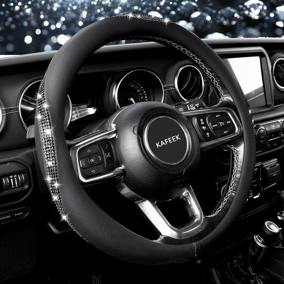 Bling Diamond Steering Wheel Cover Microfiber Leather Universal 15 inch Steering Wheel Protector Crystal Rhinestones Car Accessories, Breathable, Anti-Slip, Black Diamond