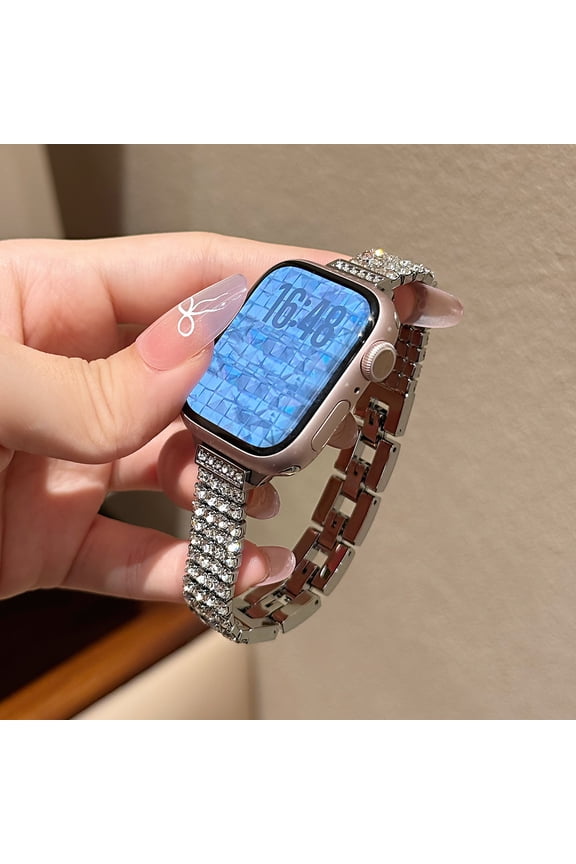 Bling Diamond Watch Band Compatible for Apple Watch 38mm 40mm 41mm 42mm Slim Replacement Four-row Drills Sparkly Diamond Metal Thin Strap for iWatch Series 10 9 8 7 6 5 4 SE 3 2 1, Silver
