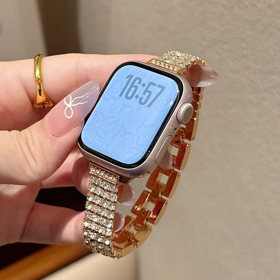 Bling Diamond Watch Band Compatible for iWatch Series 10 9 8 7 6 5 4 SE 3 2 1 46/45/44/42mm Slim Replacement Four-row Drills Sparkly Diamond Metal Thin Strap for Apple Watch Ultra 49mm, Rosegold