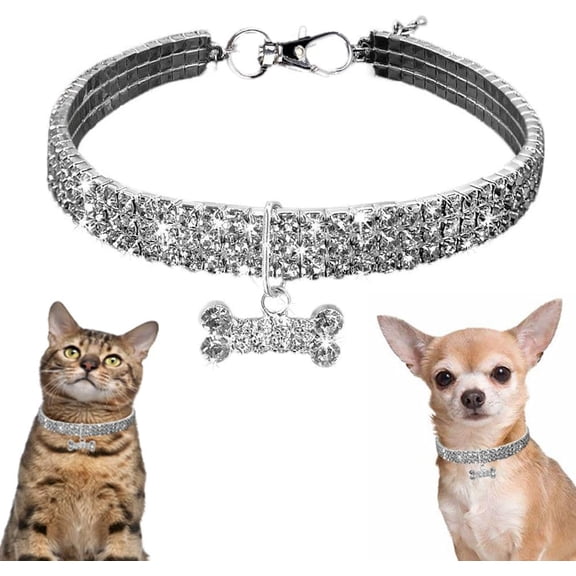 Bling Dog Necklaces for Small Dogs, Glitter Crystal Rhinestone Cat Collar, Diamond Pet Jewelry Female Puppy Collars with Bone Pendant for XXS Xs Small Tiny Girl Dogs, XXSmall