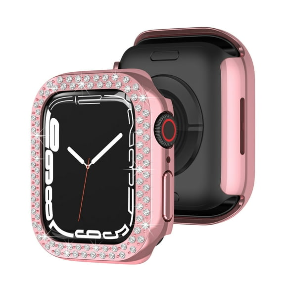 Bling Double-Rows Rhinestone Bumper Case for Apple watch 42/44/45/46/49mm,Diamond Protective Cover for Women,Hard PC Frame Protector for iWatch Series 10 9 8 7 6 SE 5 4 3 2 1 Ultra,Pink