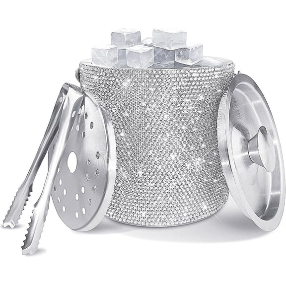 Bling Stainless Steel Ice Bucket with Lid, Ice Tong and Strainer, 2 Liter Double Walled Insulated Rhinestone Ice Bucket for Home Bar, Beer, Champagne and Wine