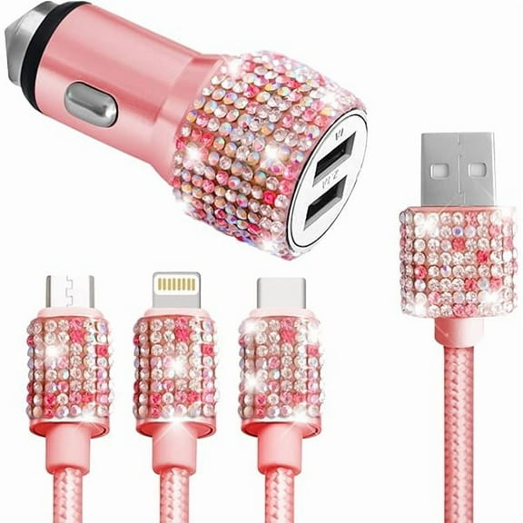 Bling Dual USB Car Charger with 3-in-1 Multi Fast Charging Cable, Dual Port Charger Adapter with Type C Micro USB Cord for iPhone, Android, Rhinestones Car Interior Accessories for Women(Pink)