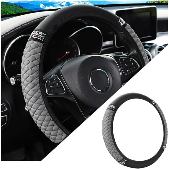Bling Elastic Car Steering Wheel Cover, Crystal Rhinestones PU Leather Vehicle Steering Wheel Protector for Women, Soft Auto Interior Accessories, Universal for Sedan, RV, Truck, Gray