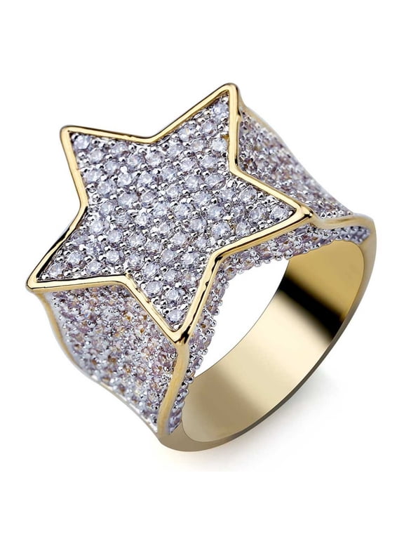 Bling Fashion Punky Rapper Luxury Star Rings for Men 18K Gold Plated Shiny Big Iced out Hip Hop Cubic Zirconia Men Engagement Rings