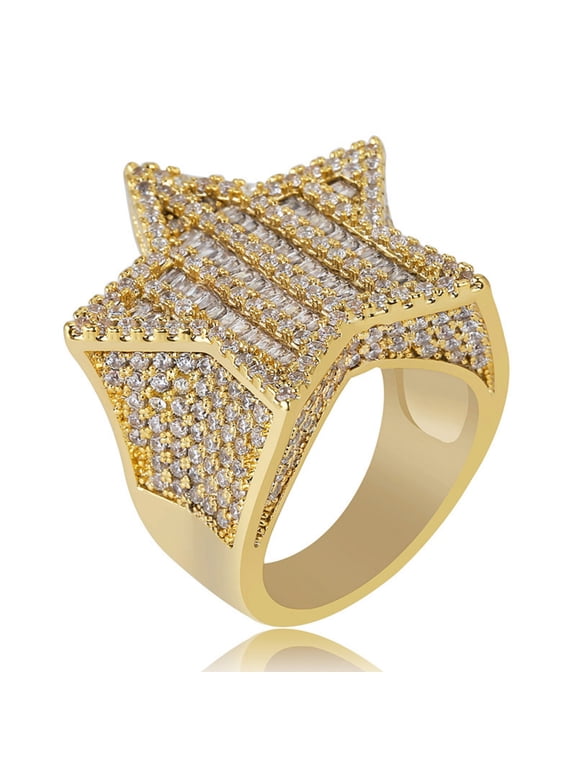 Bling Fashion Star Punky Rapper Luxury Rings for Men 18K Gold Plated Shiny Big Iced out Hip Hop Cubic Zirconia Men Engagement Rings