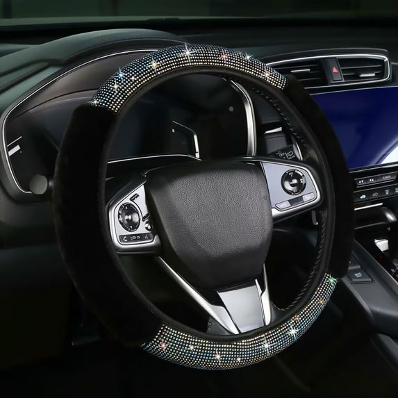 Bling Fluffy Steering Wheel Cover for Women Girls, Rhinestone Diamond Sparkling Fur Steering Wheel Protector Elastic Steering Wheel Covers Winter Warm Universal Fit 14-15 inches -Black