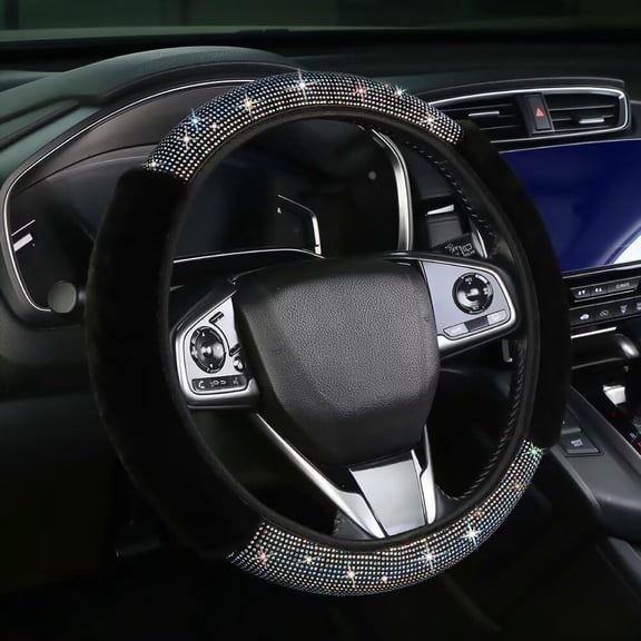 Bling Fluffy Steering Wheel Cover for Women, Rhinestone Diamond Sparkling Fur Steering Wheel Protector Elastic Steering Wheel Covers Winter Warm Universal Fit 14-15 Inches