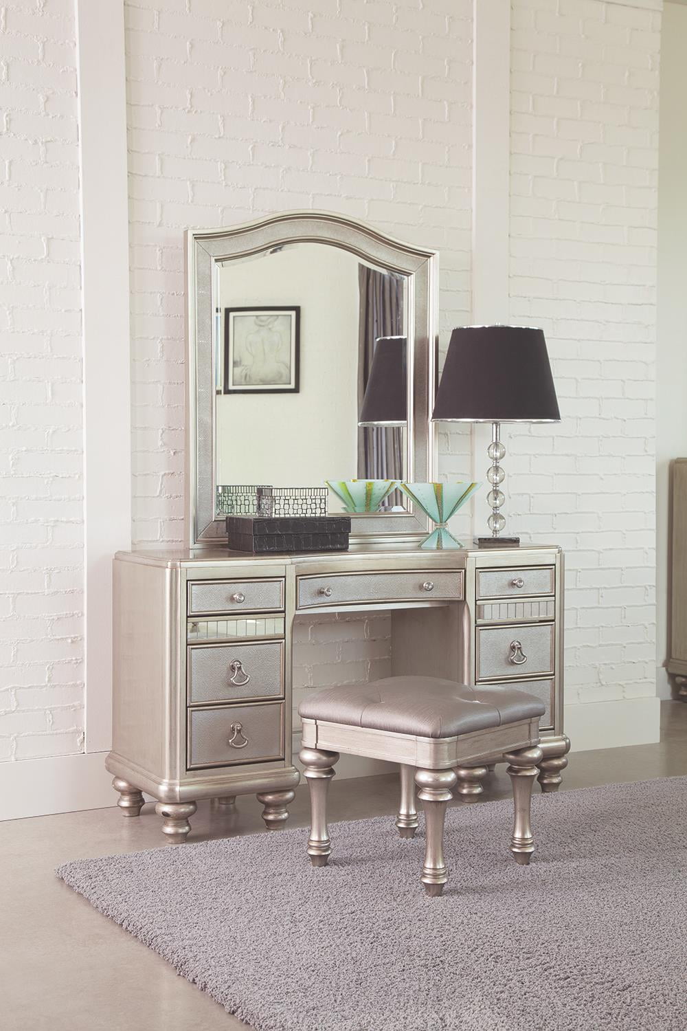 Metallic Platinum Vanity Set with Mirror and Bench