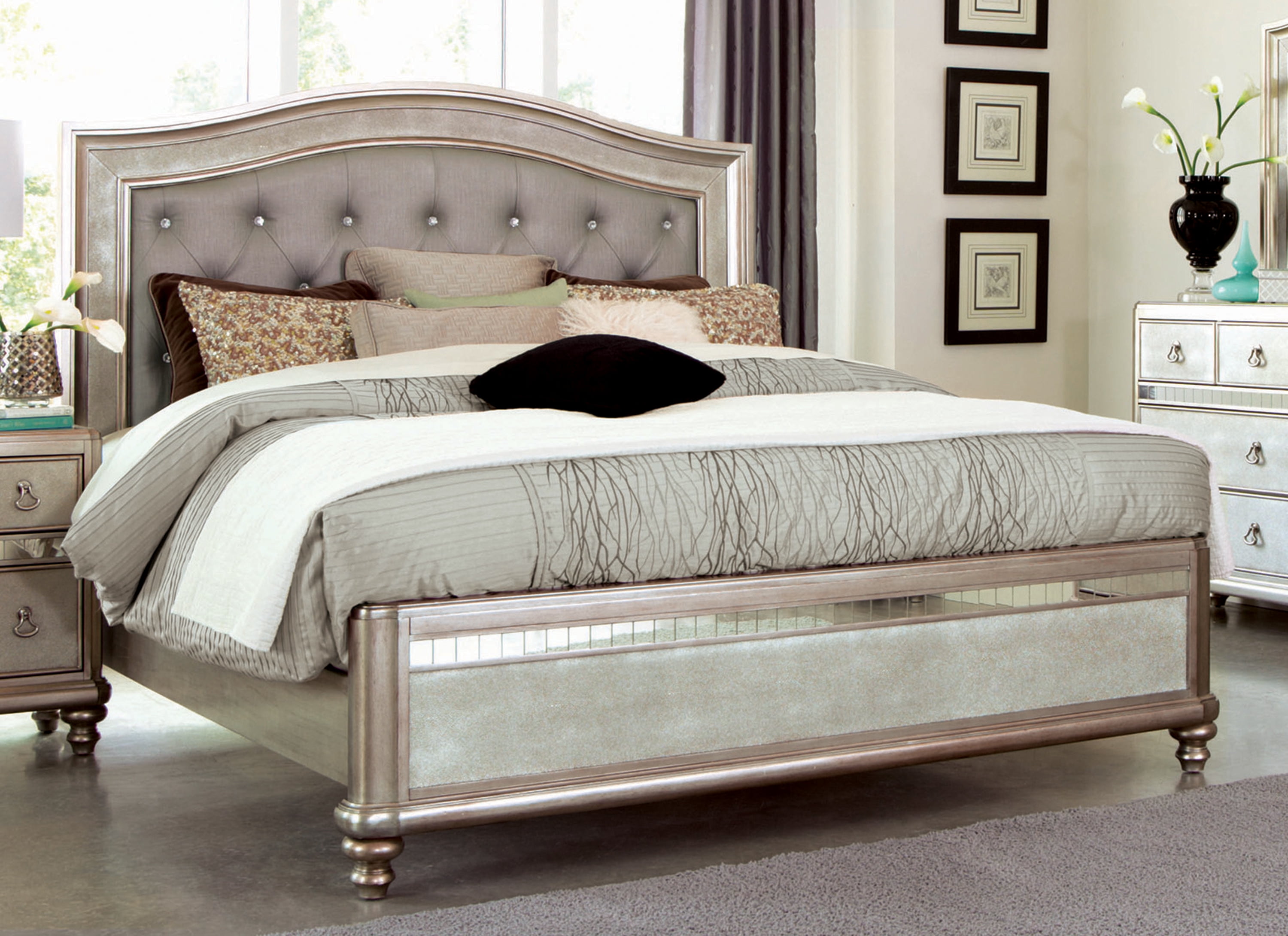 King Gold and Gray Faux Leather Upholstered Bed with Tufted Headboard