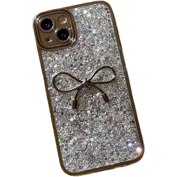 Bling Glitter 3D Bow Hard Phone Case Compatible with iPhone Case (Silver,iPhone 13 Pro)