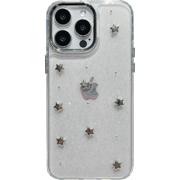 Bling Glitter 3D Bow Stars Clear Phone Case Compatible with iPhone Case (Star,iPhone 15 Pro Max)