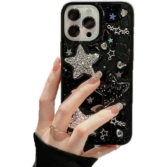 Bling Glitter 3D Stars Diamond Phone Case Compatible with iPhone Case (Black,iPhone 13 Pro)
