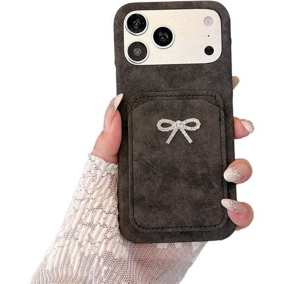 Bling Glitter Bowknot Bow Knot Leather Card Holder Phone Case for iPhone (Black,iPhone 13 Pro)