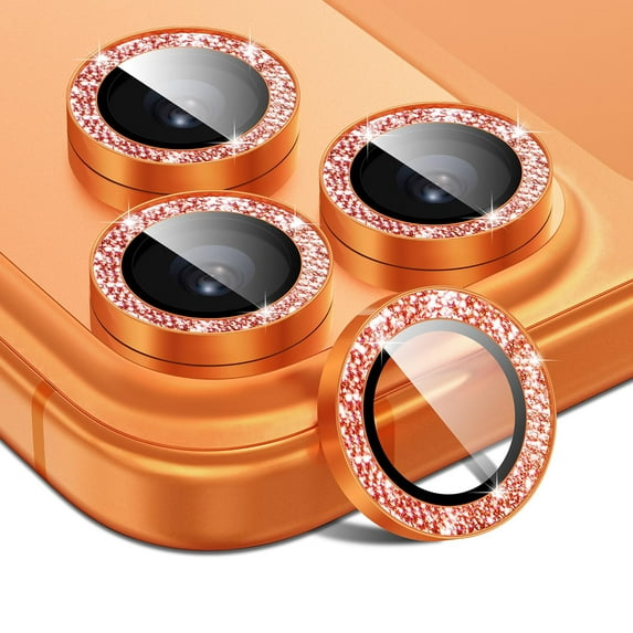Bling Glitter Camera Lens Protector for iPhone 17 Pro, 9H Tempered Glass Camera Cover Screen Protector Metal Ring Decoration Accessories,Orange