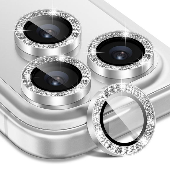 Bling Glitter Camera Lens Protector for iPhone 17 Pro, 9H Tempered Glass Camera Cover Screen Protector Metal Ring Decoration Accessories,Silver