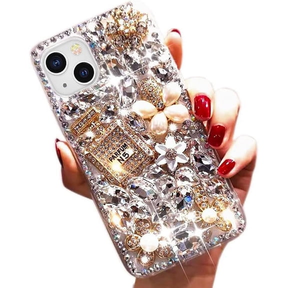 Bling Glitter Case,Luxury Diamond Rhinestone 3D Perfume Bottle and Flower Gemstone Soft TPU Back Cover Case for Women Girls with iPhone 13 6.1" 2021