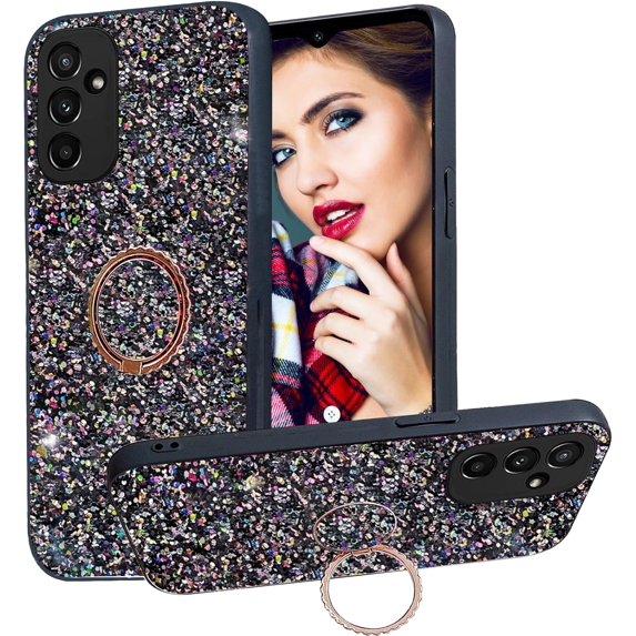 Bling Glitter Case for Samsung Galaxy A13 5G for Women Girls,Cute Sparkle Soft TPU Cover with Ring Kickstand Phone Case for Samsung Galaxy A13 5G/ Galaxy A04s CZ-Black