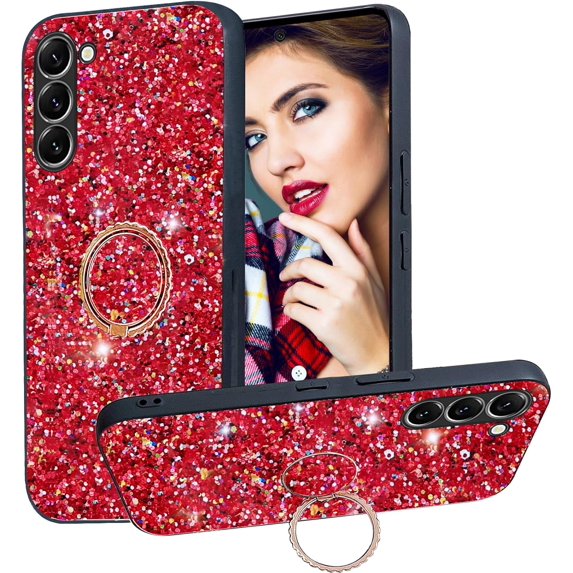 Bling Glitter Case for Samsung Galaxy S23+ Plus for Women Girls,Cute Sparkle Soft TPU Cover with Ring Kickstand Phone Case for Samsung Galaxy S23 Plus CZ-Red